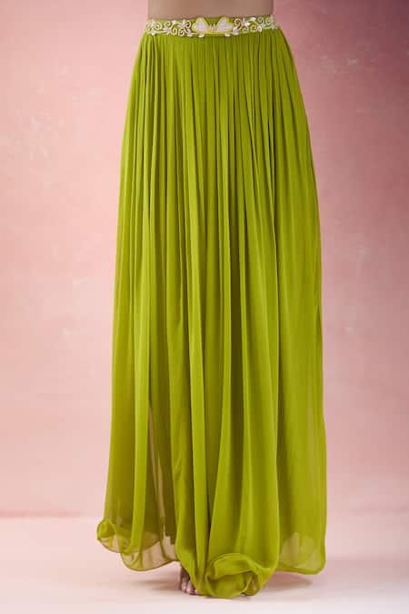 Buy_The Pink Penguin By Charmy_Green Net Embroidery Stones Heart One Shoulder Choli With Lehenga For Kids