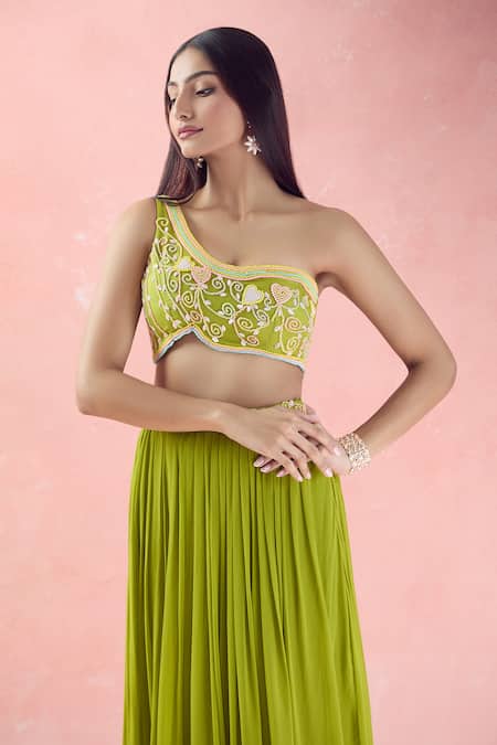 Shop_The Pink Penguin By Charmy_Green Net Embroidery Stones Heart One Shoulder Choli With Lehenga For Kids