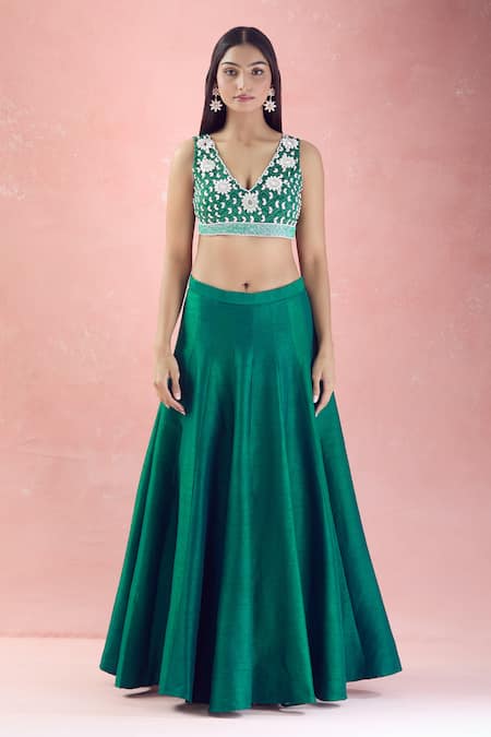 The Pink Penguin By Charmy_Green Georgette Embroidery Mirror Bandhani Choli With Kalidar Lehenga For Kids_at_Aza_Fashions