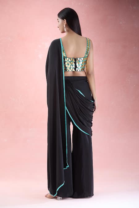 The Pink Penguin By Charmy Mirror Embroidered Pant Saree With Blouse For Kids