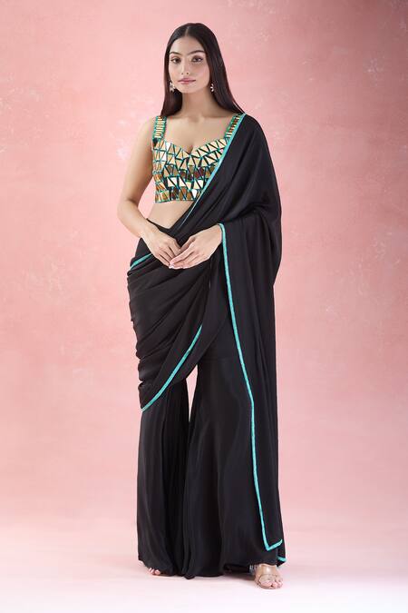 Buy_The Pink Penguin By Charmy_Black Crepe Embroidery Mirror Pant Saree With Blouse For Kids_Online_at_Aza_Fashions