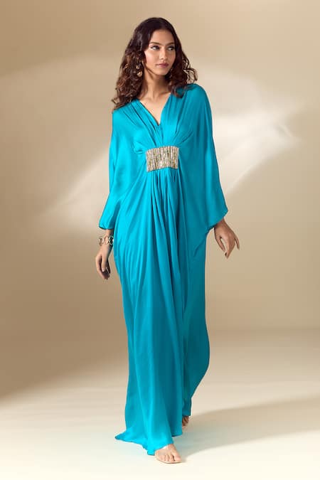 Buy_Ranian_Blue Silk Satin Beads V-neck Patch Embroidered Gathered Front Kaftan _Online_at_Aza_Fashions