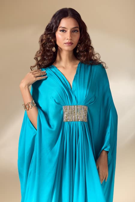 Shop_Ranian_Blue Silk Satin Beads V-neck Patch Embroidered Gathered Front Kaftan _Online_at_Aza_Fashions