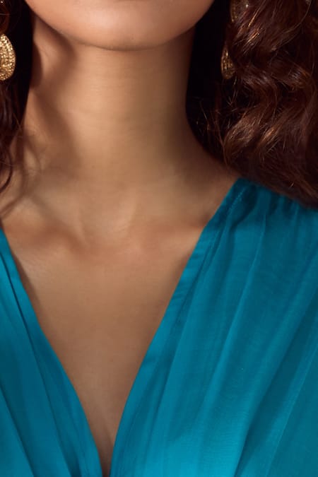 Ranian_Blue Silk Satin Beads V-neck Patch Embroidered Gathered Front Kaftan _at_Aza_Fashions