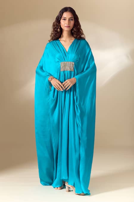 Buy_Ranian_Blue Silk Satin Beads V-neck Patch Embroidered Gathered Front Kaftan 