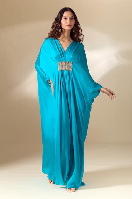 Shop_Ranian_Blue Silk Satin Beads V-neck Patch Embroidered Gathered Front Kaftan 