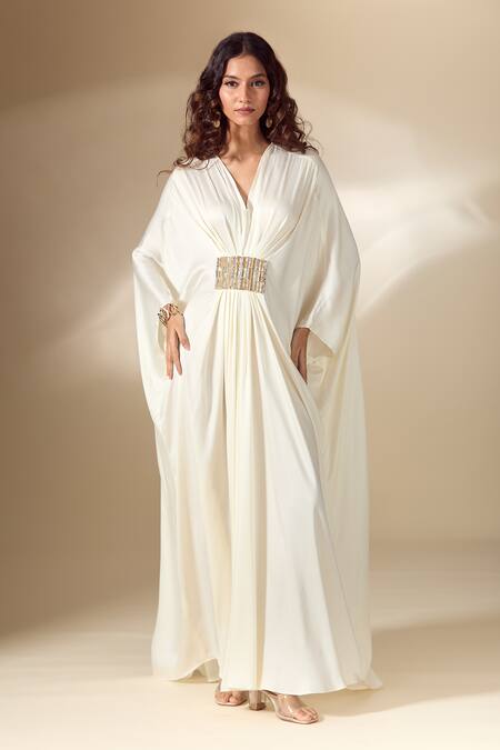 Buy_Ranian_Ivory Silk Satin Beads V-neck Patch Work Gathered Front Kaftan _Online_at_Aza_Fashions