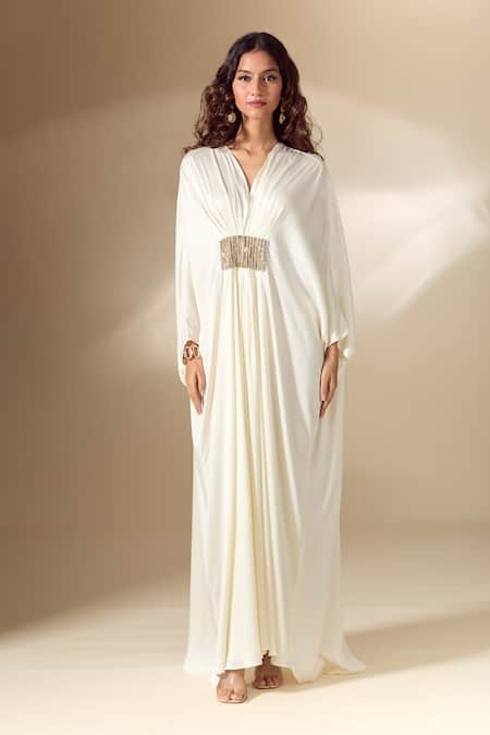 Buy_Ranian_Ivory Silk Satin Beads V-neck Patch Work Gathered Front Kaftan 