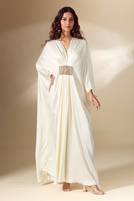 Shop_Ranian_Ivory Silk Satin Beads V-neck Patch Work Gathered Front Kaftan 