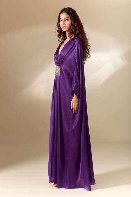 Buy_Ranian_Purple Silk Satin Beads V-neck Patch Work Gathered Front Kaftan _Online_at_Aza_Fashions