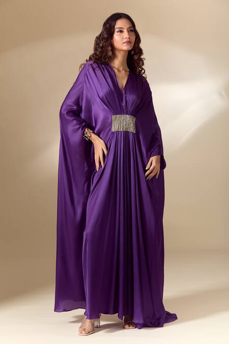 Shop_Ranian_Purple Silk Satin Beads V-neck Patch Work Gathered Front Kaftan _Online_at_Aza_Fashions