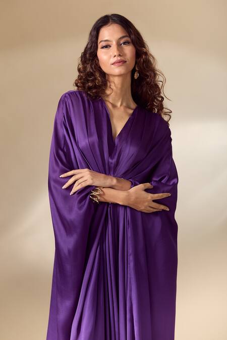 Ranian_Purple Silk Satin Beads V-neck Patch Work Gathered Front Kaftan _at_Aza_Fashions
