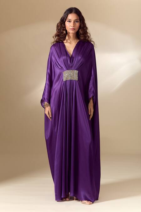 Buy_Ranian_Purple Silk Satin Beads V-neck Patch Work Gathered Front Kaftan 