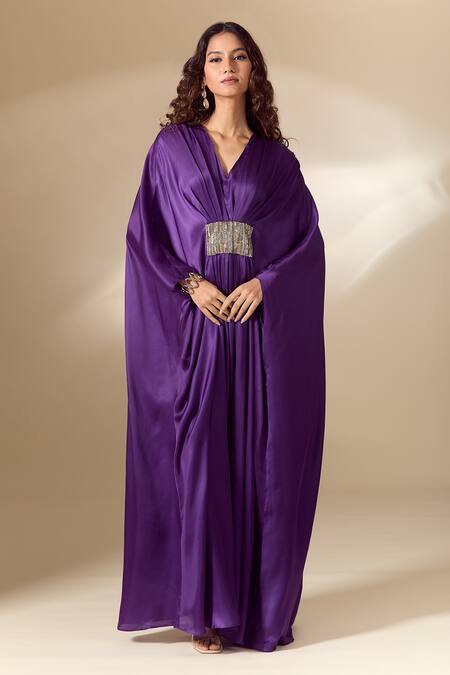 Shop_Ranian_Purple Silk Satin Beads V-neck Patch Work Gathered Front Kaftan 