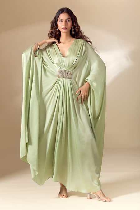 Buy_Ranian_Green Silk Satin Beads V-neck Patchwork Gathered Front Kaftan _Online_at_Aza_Fashions