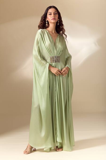 Shop_Ranian_Green Silk Satin Beads V-neck Patchwork Gathered Front Kaftan _Online_at_Aza_Fashions