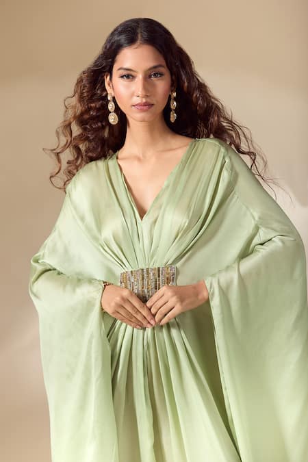 Ranian_Green Silk Satin Beads V-neck Patchwork Gathered Front Kaftan _at_Aza_Fashions