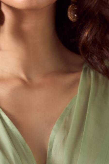 Buy_Ranian_Green Silk Satin Beads V-neck Patchwork Gathered Front Kaftan 