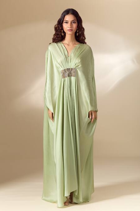 Shop_Ranian_Green Silk Satin Beads V-neck Patchwork Gathered Front Kaftan 