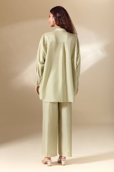 Ranian Pearl Embroidered Cuff High Low Shirt With Flared Pant 