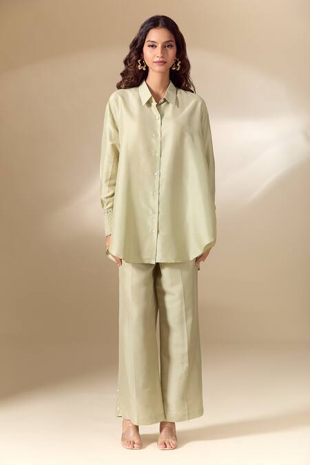 Buy_Ranian_Green Silk Pearls Collared Embroidered Cuff High Low Shirt With Pant _Online_at_Aza_Fashions