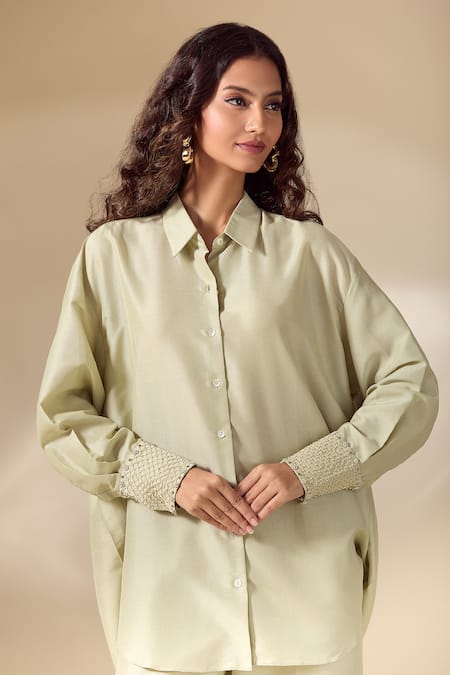 Shop_Ranian_Green Silk Pearls Collared Embroidered Cuff High Low Shirt With Pant _Online_at_Aza_Fashions