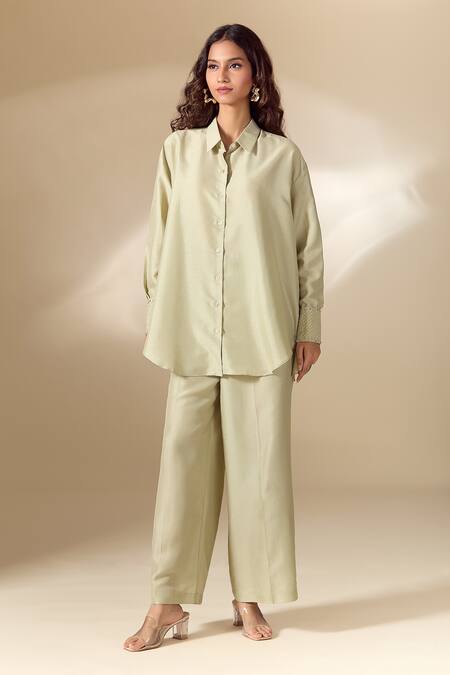 Shop_Ranian_Green Silk Pearls Collared Embroidered Cuff High Low Shirt With Pant 