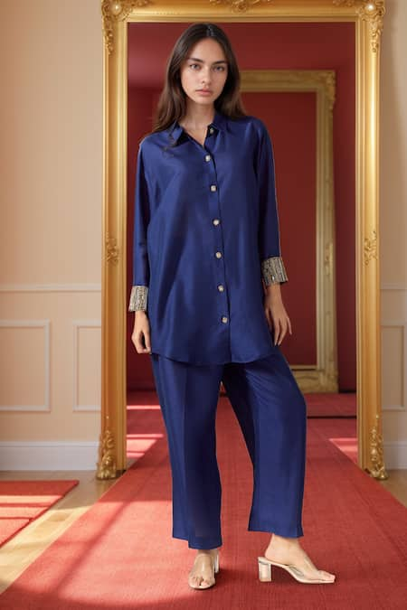 Ranian Blue Silk Blend Embroidery Pearl Work Cuff High Low Shirt With Flared Pant 