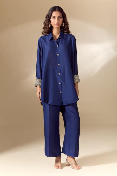 Buy_Ranian_Blue , Satin Pearls Collared Work Cuff High Low Shirt With Pant _Online_at_Aza_Fashions
