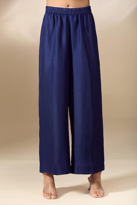 Shop_Ranian_Blue , Satin Pearls Collared Work Cuff High Low Shirt With Pant _Online_at_Aza_Fashions