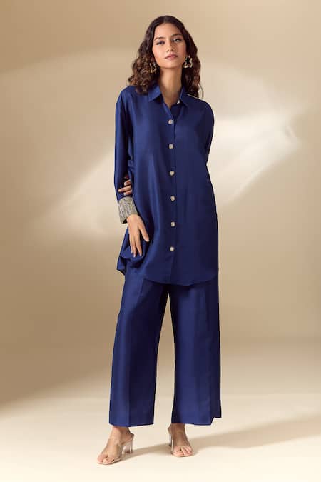 Ranian_Blue , Satin Pearls Collared Work Cuff High Low Shirt With Pant _at_Aza_Fashions