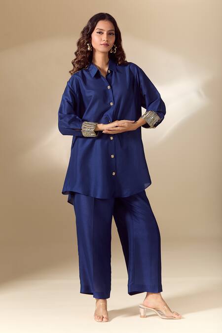 Buy_Ranian_Blue , Satin Pearls Collared Work Cuff High Low Shirt With Pant 