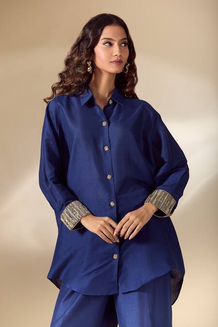 Shop_Ranian_Blue , Satin Pearls Collared Work Cuff High Low Shirt With Pant 