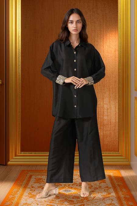 Ranian Moti Work Cuff High Low Shirt With Flared Pant 