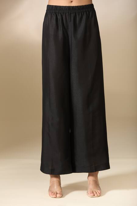 Buy_Ranian_Black Silk Pearls Collared Moti Work Cuff High Low Shirt With Pant _Online_at_Aza_Fashions