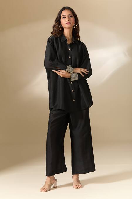 Shop_Ranian_Black Silk Pearls Collared Moti Work Cuff High Low Shirt With Pant _Online_at_Aza_Fashions