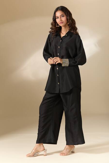 Ranian_Black Silk Pearls Collared Moti Work Cuff High Low Shirt With Pant _at_Aza_Fashions