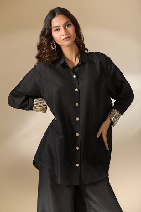 Buy_Ranian_Black Silk Pearls Collared Moti Work Cuff High Low Shirt With Pant 