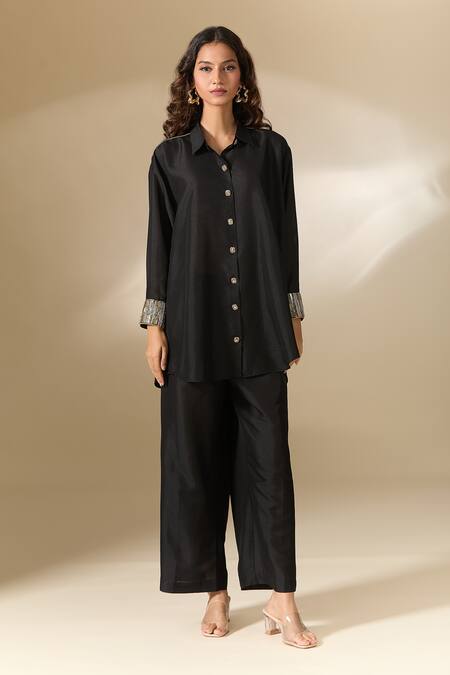 Shop_Ranian_Black Silk Pearls Collared Moti Work Cuff High Low Shirt With Pant 