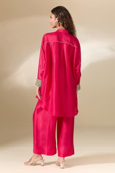 Ranian Moti Embroidered Cuff High Low Shirt With Flared Pant 