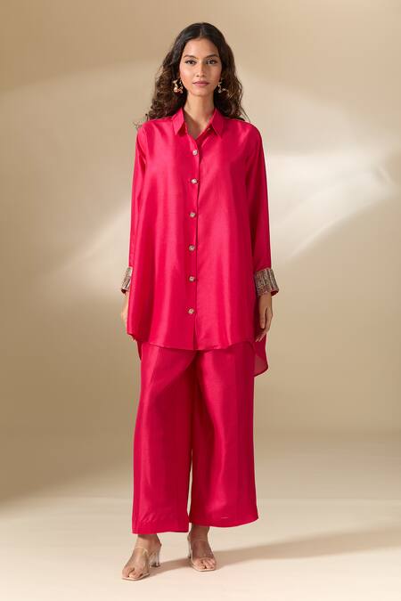 Buy Ranian Fuchsia , Satin Pearls Moti Embroidered Cuff High Low Shirt With Pant Online at Aza Fashions Buy_Ranian_Fuchsia , Satin Pearls Moti Embroidered Cuff High Low Shirt With Pant _Online_at_Aza_Fashions