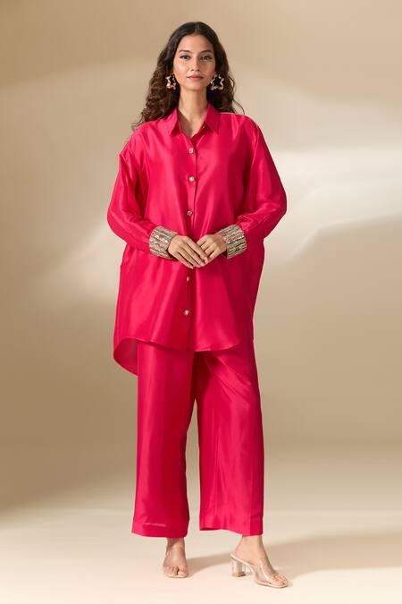 Shop Ranian Fuchsia , Satin Pearls Moti Embroidered Cuff High Low Shirt With Pant Online at Aza Fashions Shop_Ranian_Fuchsia , Satin Pearls Moti Embroidered Cuff High Low Shirt With Pant _Online_at_Aza_Fashions