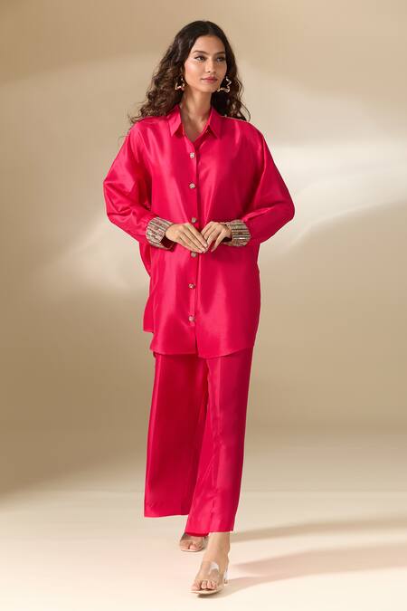 Ranian Fuchsia , Satin Pearls Moti Embroidered Cuff High Low Shirt With Pant at Aza Fashions Ranian_Fuchsia , Satin Pearls Moti Embroidered Cuff High Low Shirt With Pant _at_Aza_Fashions