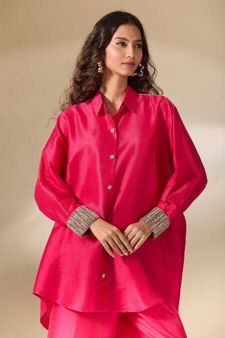 Buy Ranian Fuchsia , Satin Pearls Moti Embroidered Cuff High Low Shirt With Pant Buy_Ranian_Fuchsia , Satin Pearls Moti Embroidered Cuff High Low Shirt With Pant