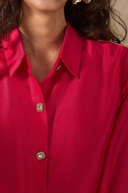 Shop Ranian Fuchsia , Satin Pearls Moti Embroidered Cuff High Low Shirt With Pant Shop_Ranian_Fuchsia , Satin Pearls Moti Embroidered Cuff High Low Shirt With Pant