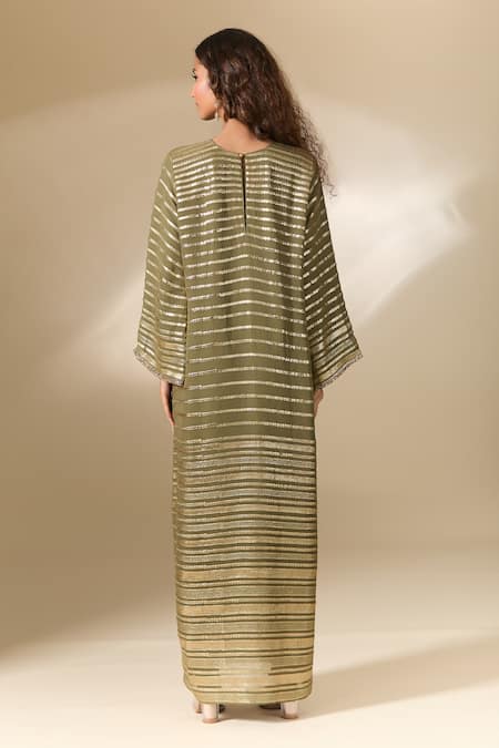 Ranian_Green Silk Embroidery Round Neck Badla Stripe Kaftan _Online_at_Aza_Fashions