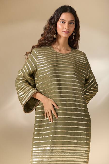 Buy_Ranian_Green Silk Embroidery Round Neck Badla Stripe Kaftan _Online_at_Aza_Fashions