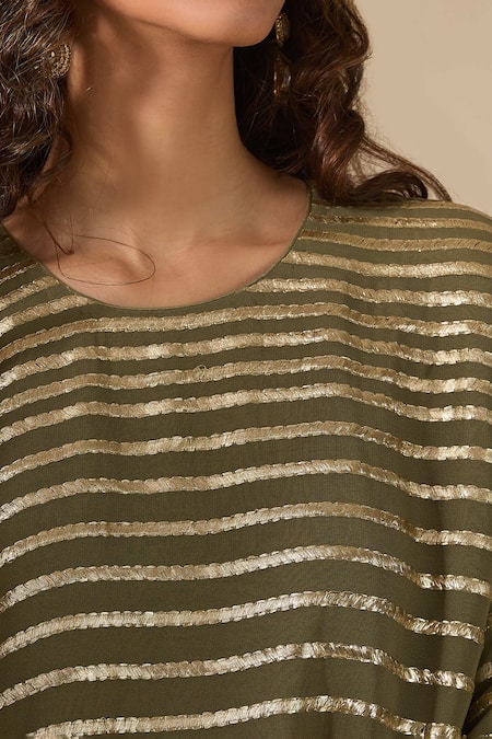 Shop_Ranian_Green Silk Embroidery Round Neck Badla Stripe Kaftan _Online_at_Aza_Fashions