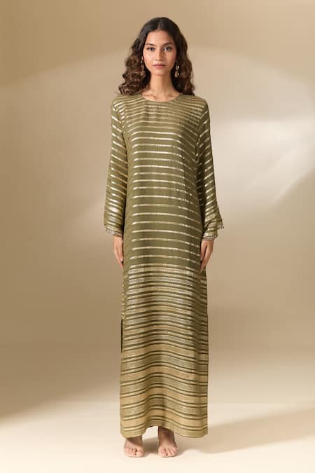 Ranian_Green Silk Embroidery Round Neck Badla Stripe Kaftan _at_Aza_Fashions
