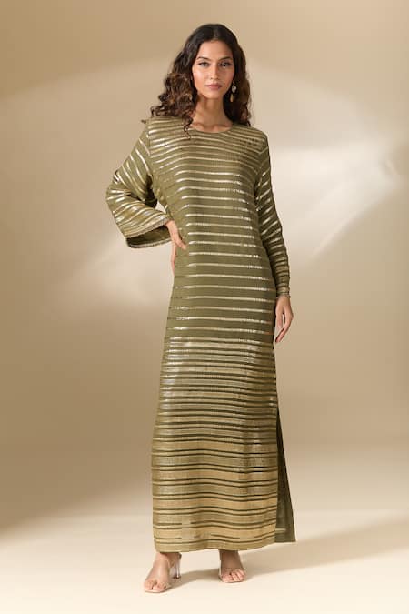 Buy_Ranian_Green Silk Embroidery Round Neck Badla Stripe Kaftan 